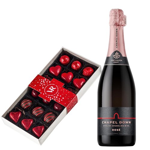 Chapel Down Rose English Sparkling Wine 75cl and Assorted Box Of Heart Chocolates 215g